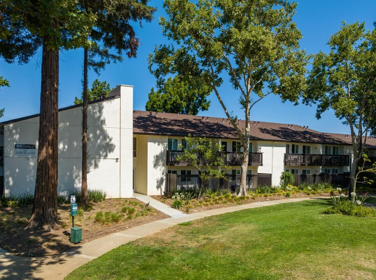 An exterior of a home with trees in front of it