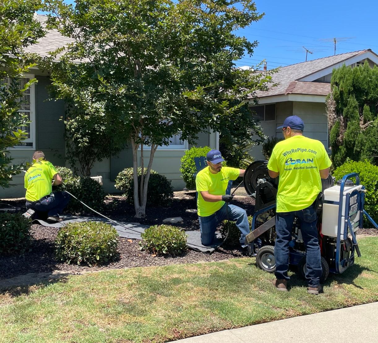 Multiple workers in a homeowners yard