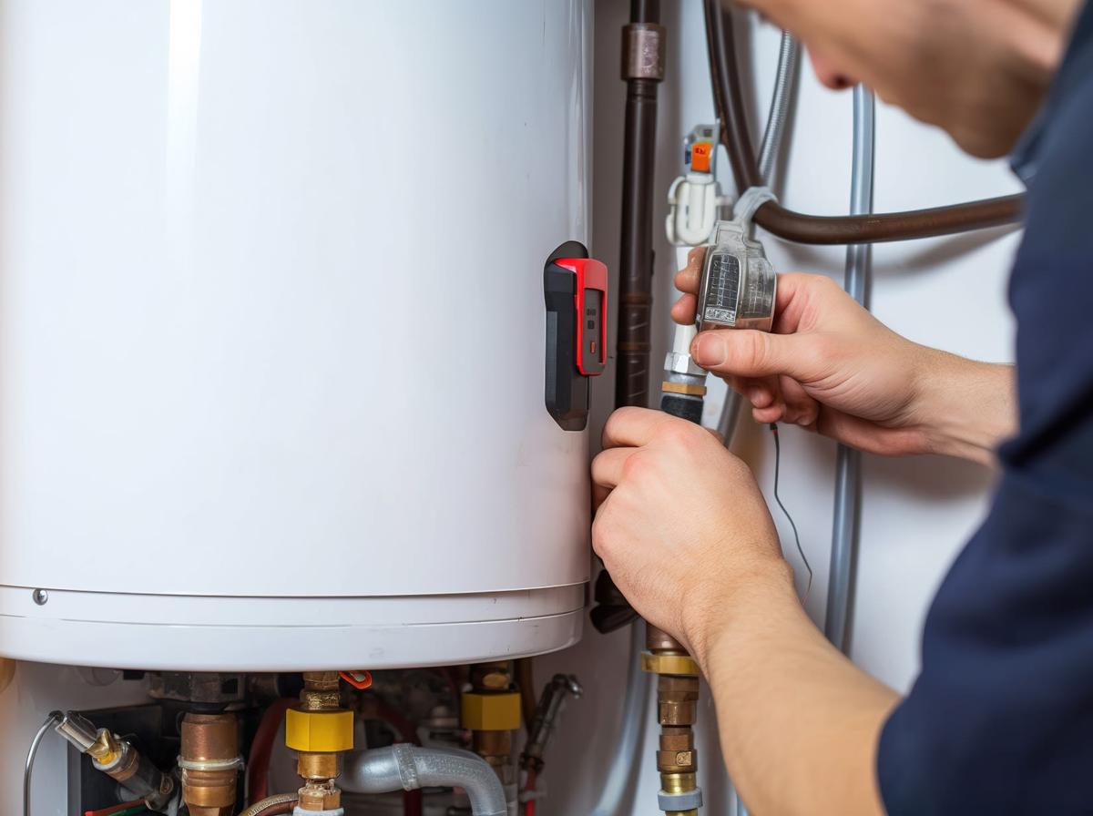 A technician working on a hot water heater